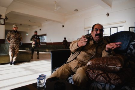 Ezidi Peshmerga commander Qasim Shesho giving an interview at his base in the Sinjar Mountains 05
