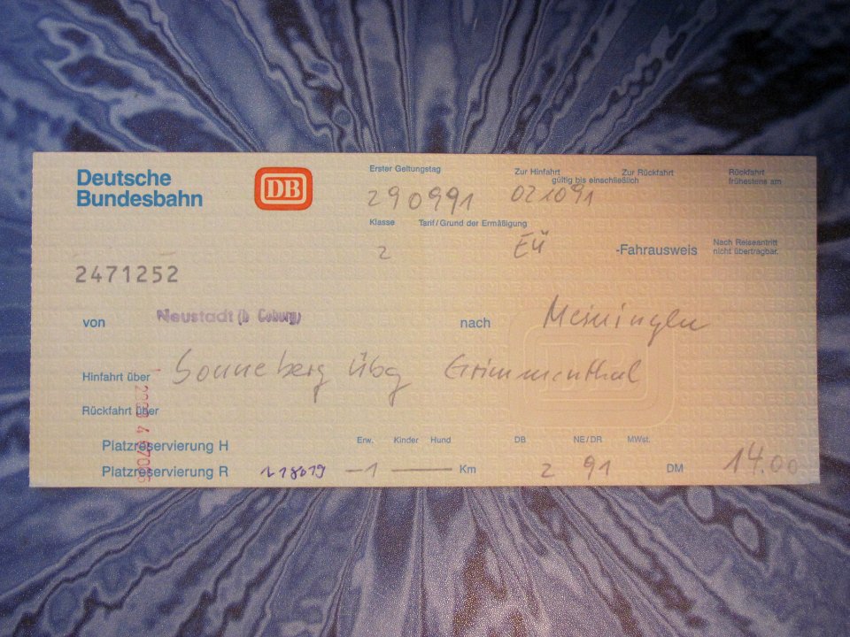 Fahrkarte Neustadt-Meiningen 1991