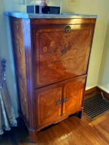 Fall-front desk, by Guillame Kemp, Paris, c. 1780, oak, kingwood, tulipwood, stained fruitwood marquetry and veneer, marble, brass - Hyde Collection - Glens Falls, NY - 20180224 123839