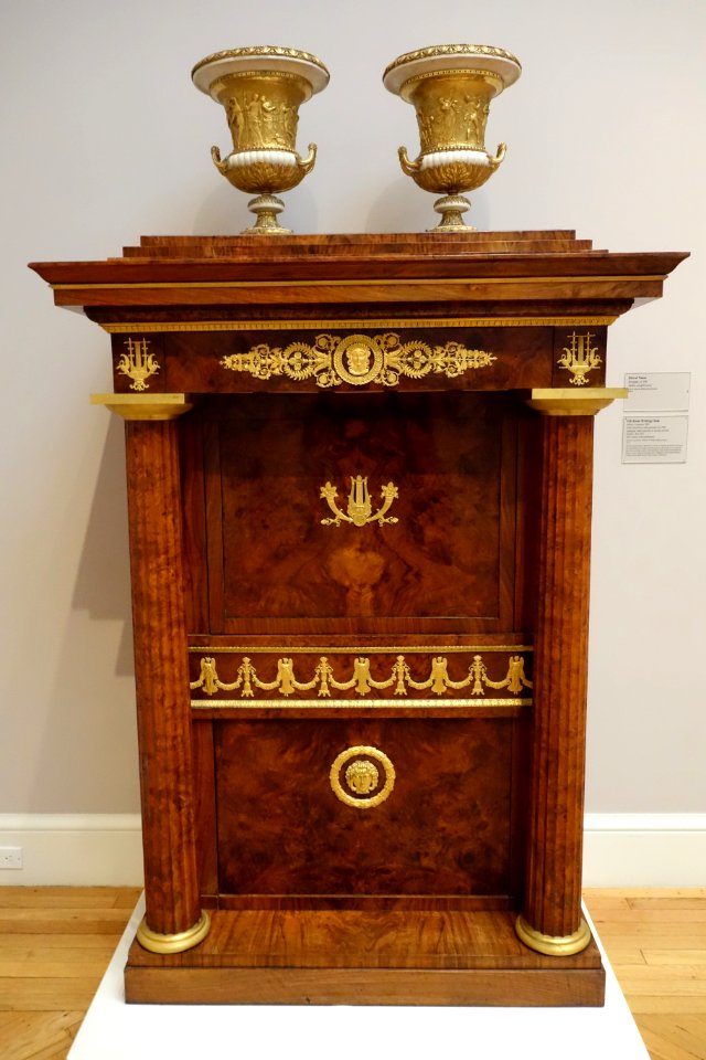 Fall-front Writing Desk, Paolo Moschini, Italy, Cremona, 1822, elm veneer with gilt bronze, and vases, Europe, c. 1780, marble, gilt bronze - California Palace of the Legion of Honor - DSC07782