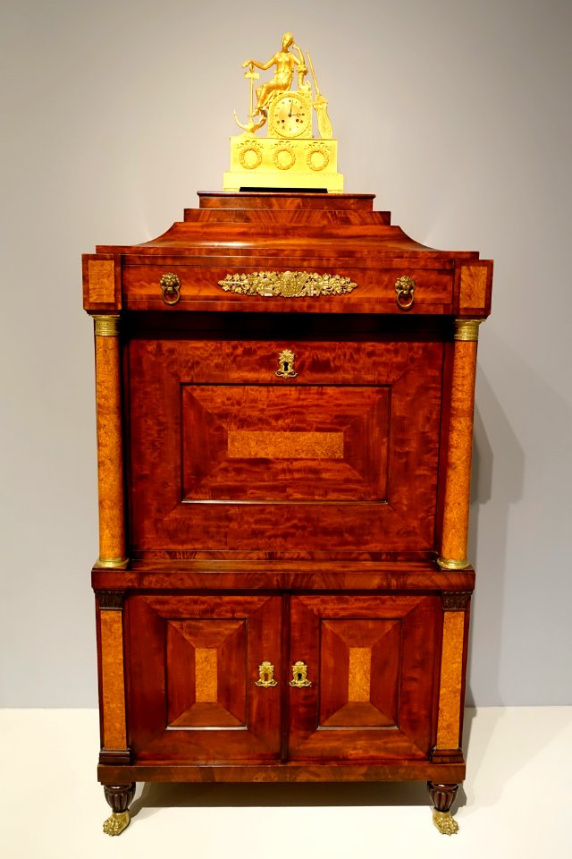 Fall-front secretary, Philadelphia, Pennsylvania, c. 1815-1830, mahogany, cherry, yellow poplar, pine, maple, ebony, gilt bronze - Dallas Museum of Art - DSC04782