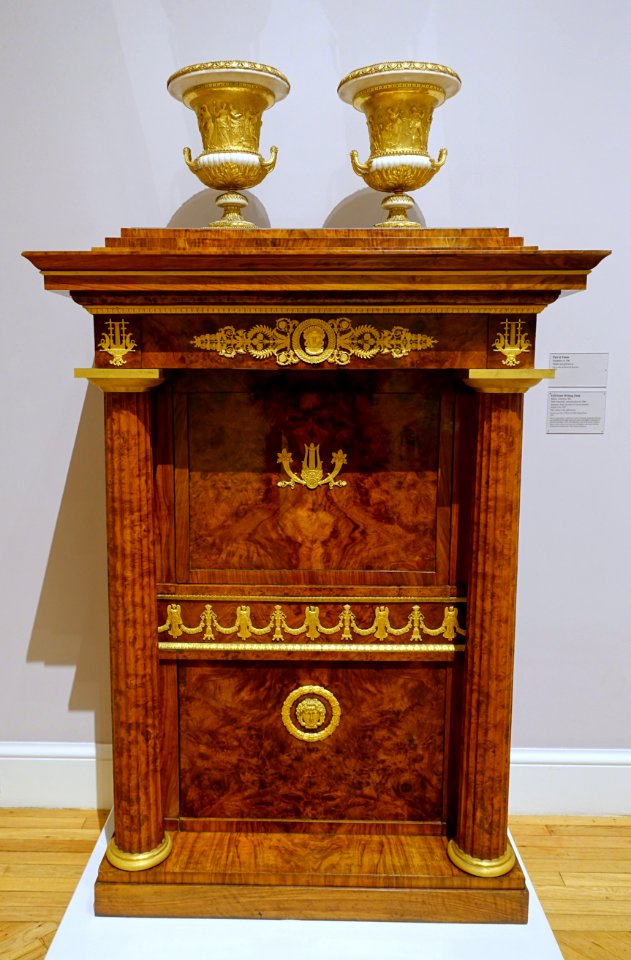 Fall-front Writing Desk, Paolo Moschini, Italy, Cremona, 1822, elm veneer, gilt bronze, and vases, Europe, c. 1780, marble, gilt bronz- California Palace of the Legion of Honor - San Francisco, CA - DSC02900