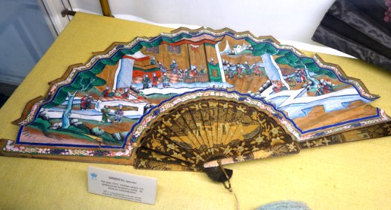Fan, Japanese, 1700s, laquered ribs with gilt and cloth - Fan Room, Alcázar of Seville, Spain - DSC07307