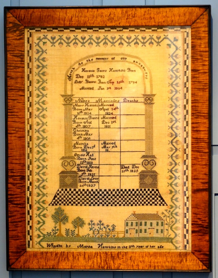 Family record sampler by Martha Hawkins (born 1816), Springfield VT, 1829, silk on linen - Bennington Museum - Bennington, VT - DSC08930