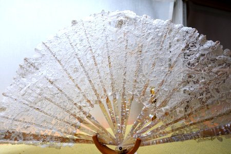 Fan, Europe, 19th century, mother of pearl ribs and Brussels lace - Fan Room, Alcázar of Seville, Spain - DSC07329