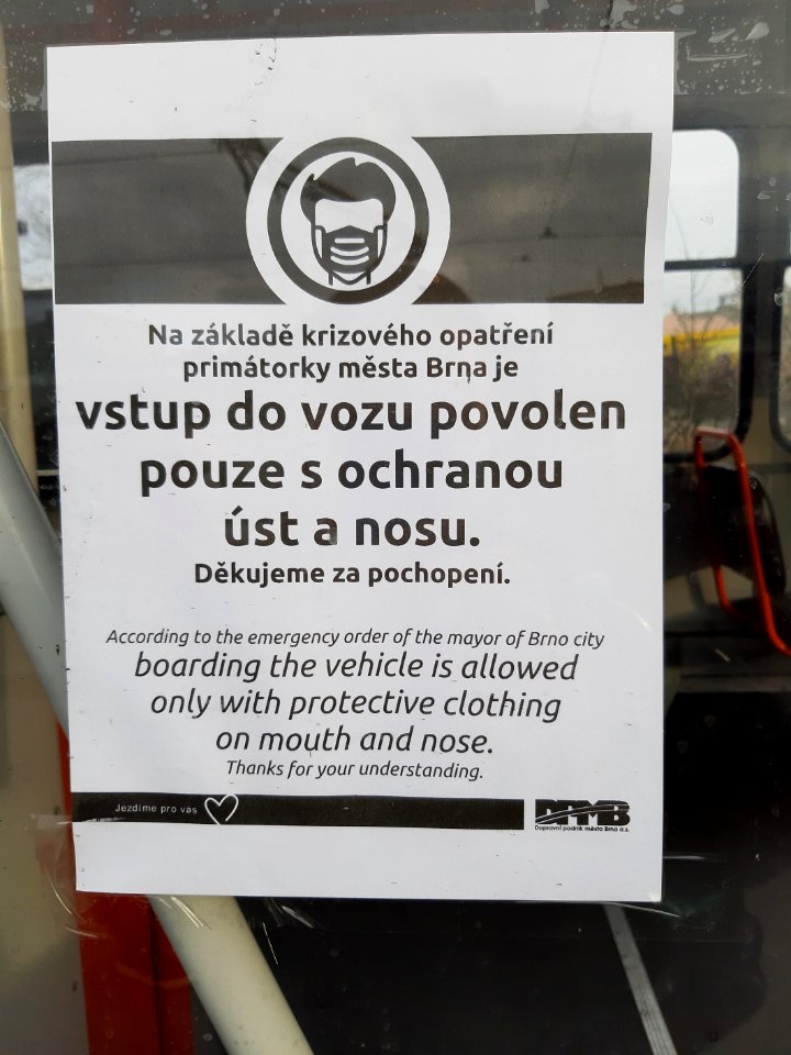Entry only with covered mouth and nose in Brno city transport due to COVID-19