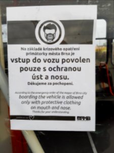 Entry only with covered mouth and nose in Brno city transport due to COVID-19