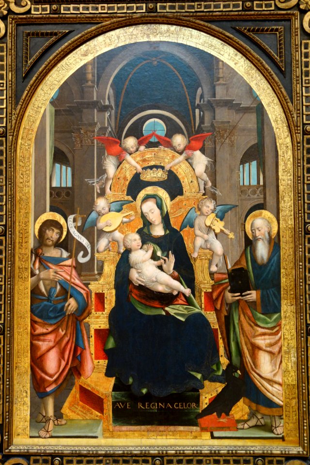 Enthroned Madonna and Child with Saints John the Baptist and John the Evangelist, by Defendente Ferrari, Italy (Chivasso), c. 1525, oil on wood panel - Chazen Museum of Art - DSC02055