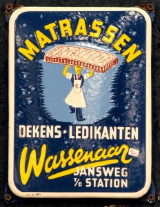 Enamel advertising sign, Matrassen, Dekens, Ledikanten, Wassenaar Jansweg t o station