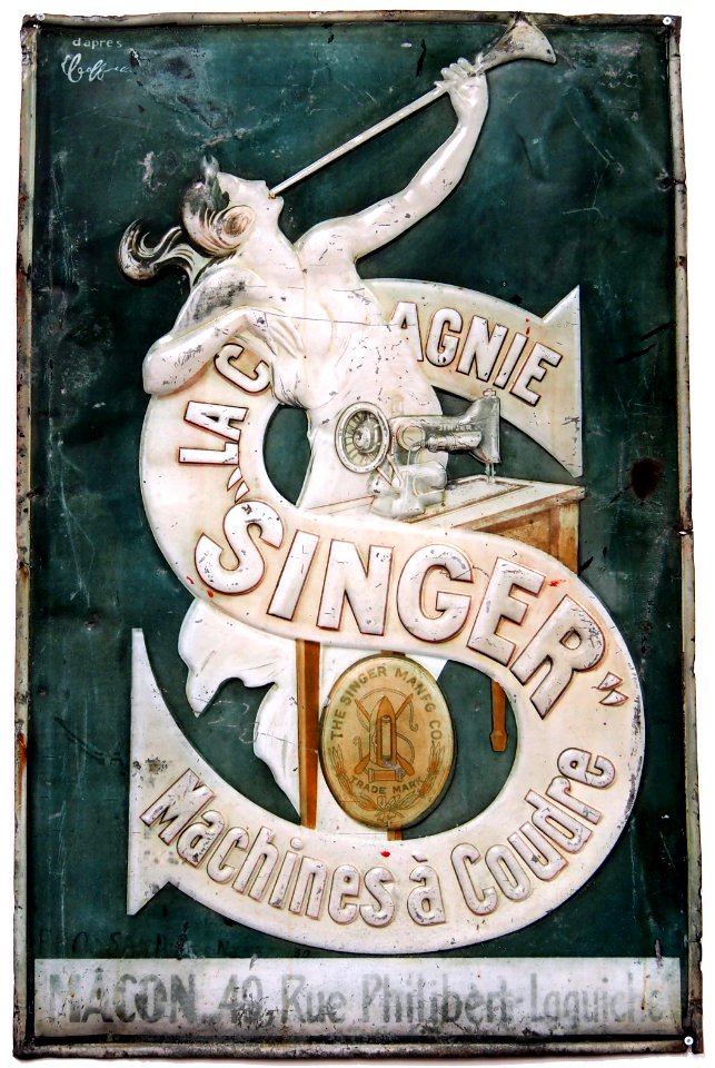 Enamel advertising sign, Singer, Machines à Coudre, MÂCON, 40 Rue Philibert-Laguiche