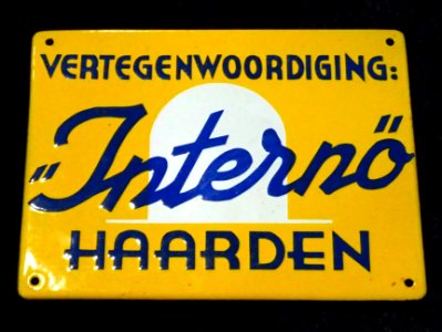 Enamel advertising sign, vertegenwoordiging Internö haarden