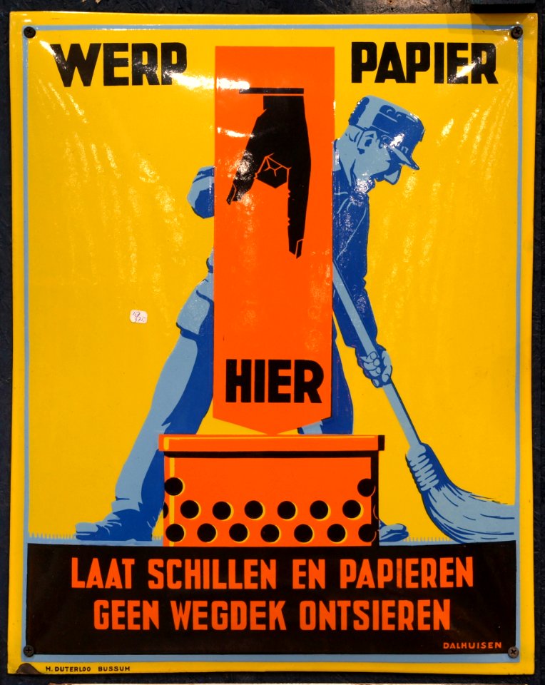 Enamel advertising sign, Werp papier Hier