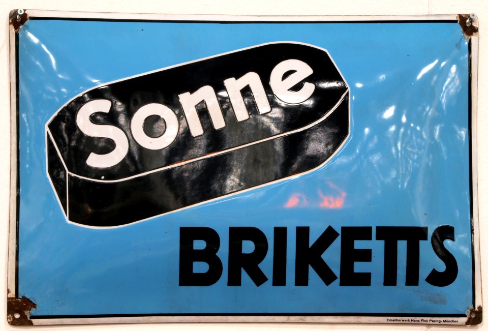 Enamel advertising sign, Sonne Briketts, Emaillierwerk Hans Fink Pasing - München