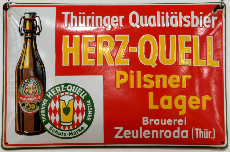 Enamel advertising sign, Thüringer Qualitätsbier HERZ-QUELL, Brauerei Zeulenroda