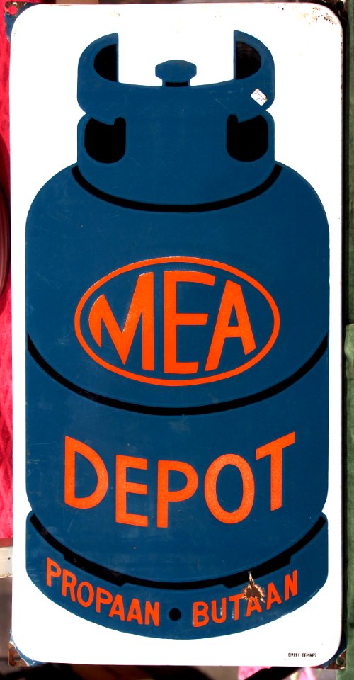 Enamel advertising sign, MEA DEPOT, propaan, butaan, Emrec EEMNES
