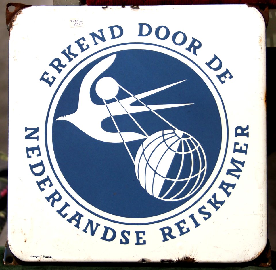 Enamel advertising sign, Erkend door de Nedeerlandse Reiskamer, Langcat Bussum