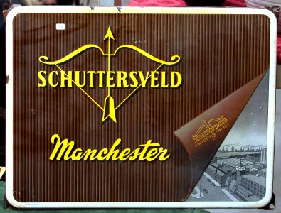 Enamel advertising sign, Schuttersveld, Manchester, gebroeders van Heek