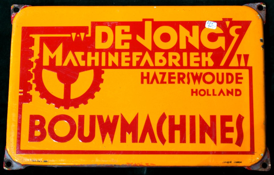 Enamel advertising sign, Bouwmachines, De Jong's Machinefrabriek, Hazerswoude Holland