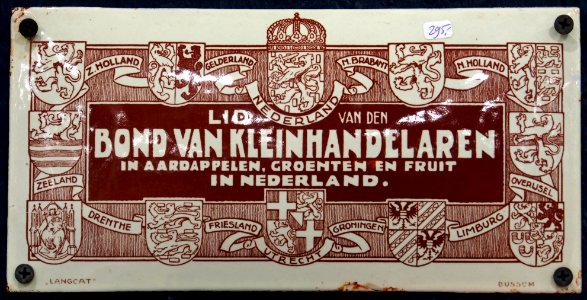 Enamel advertising sign, Bond van kleinhandelaren in aardappelen, groenten en fruit in Nederland, Langcat Bussum