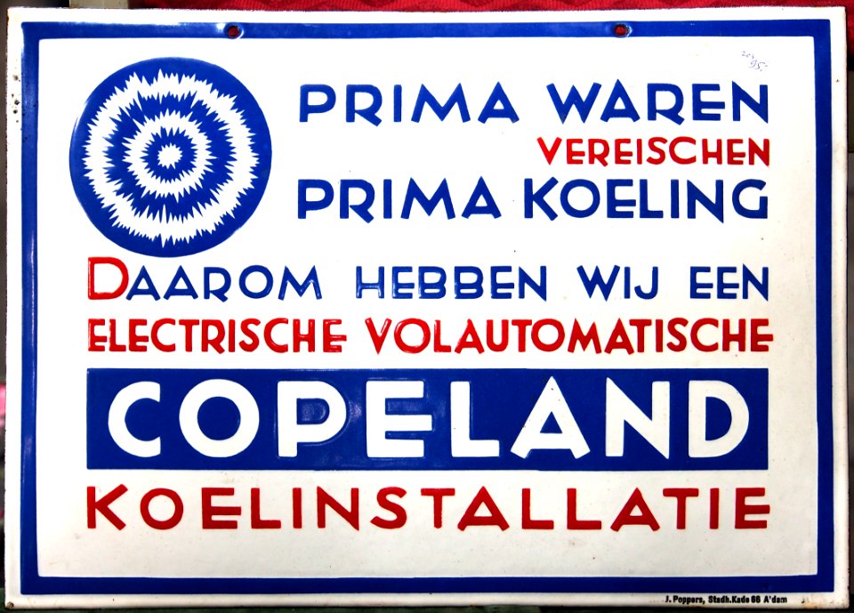 Enamel advertising sign, COPELAND koelinstallatie, J Poppers, Stadhouderskade 68, Amsterdam
