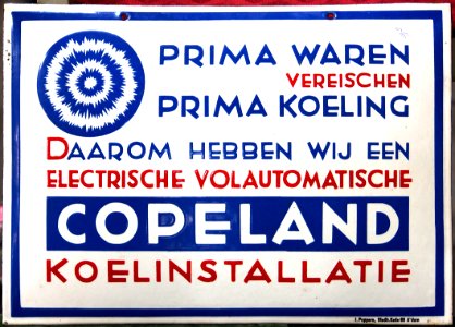 Enamel advertising sign, COPELAND koelinstallatie, J Poppers, Stadhouderskade 68, Amsterdam