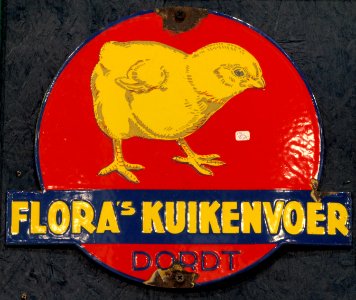 Enamel advertising sign, Flora's Kuikenvoer, Dordt
