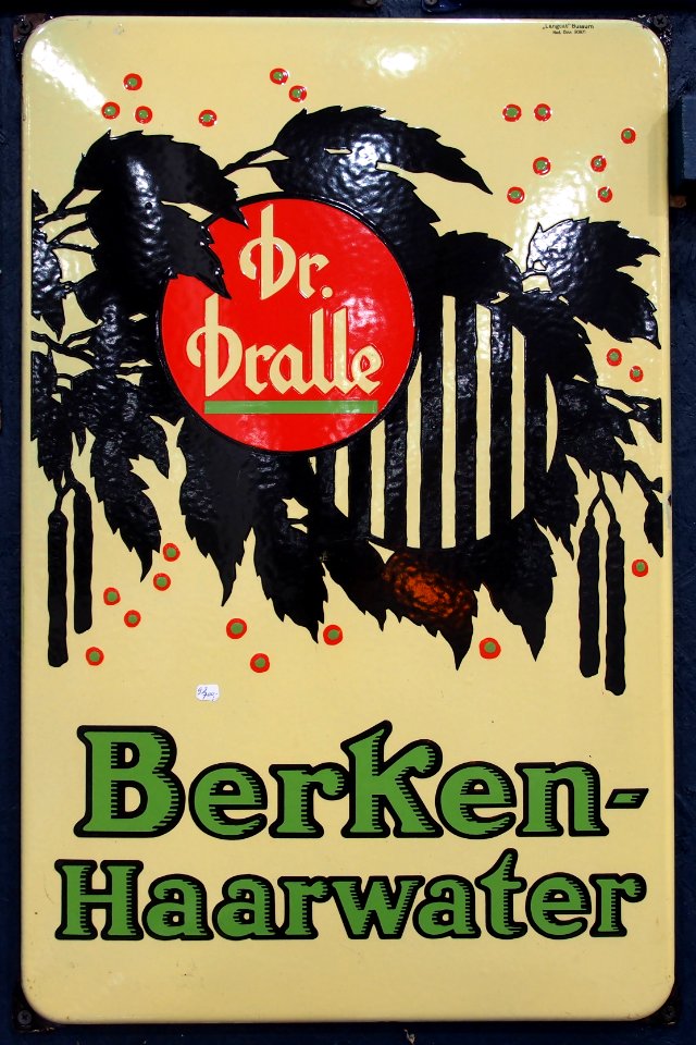 Enamel advertising sign, Dr Dralle, Berken Haarwater, Langcat Bussum