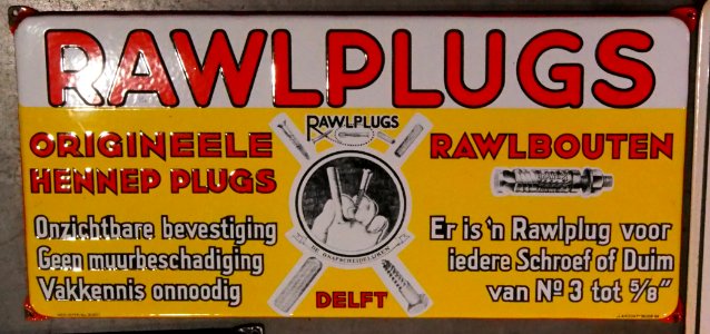 Enamel advert, RAWLPLUGS, origineele hennep plugs, rawlbouten