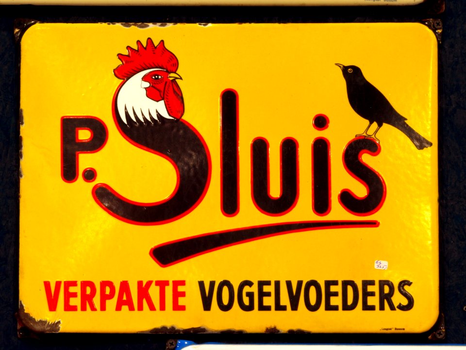 Enamel advert, P Sluis verpakte vogelvoeders