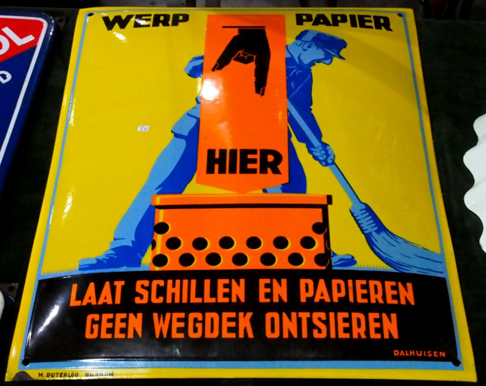 Enamel advert, Werp papier, Laat schillen en papieren geen wegdek ontsieren