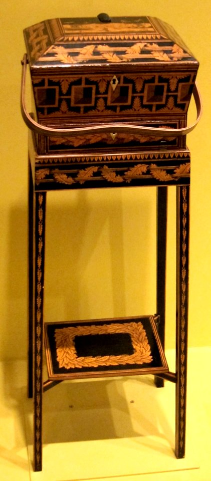 English sewing box on stand, late 18th-early 19th century, penwork on wood, HAA