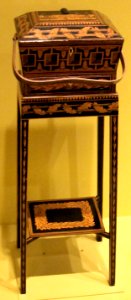 English sewing box on stand, late 18th-early 19th century, penwork on wood, HAA