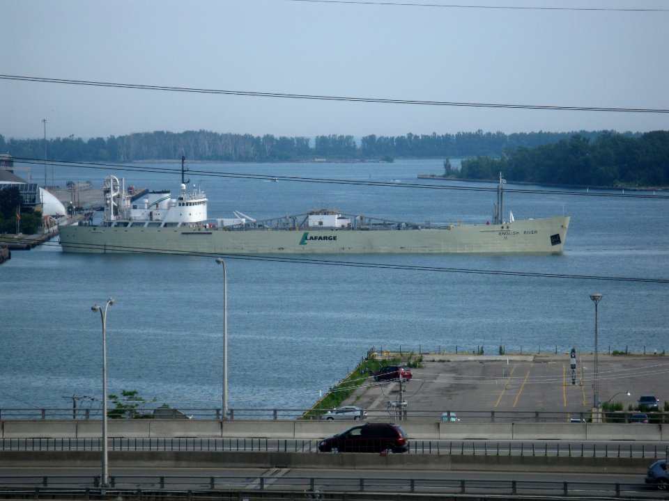 English River backs in to the Polson slip to moor at the La Farge cement silos -ab