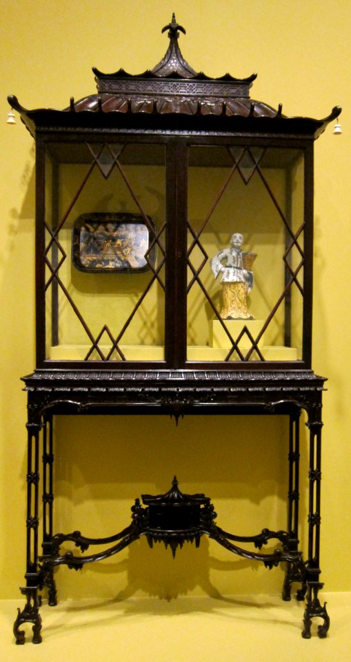 English cabinet on stand, after Thomas Chippendale, c. 1900, mahogany and ivory, HAA