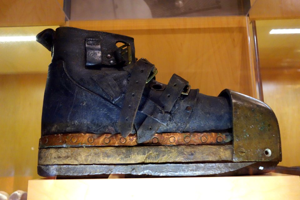 English deep sea diving boot, 1925, leather, brass, and lead - Bata Shoe Museum - DSC00255