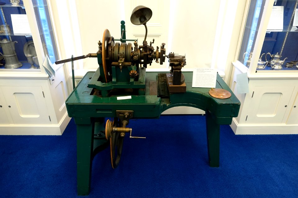 Engine turning machine, Leinhard Manufacturing, Switzerland, early 1900s, metal, wood, paint - Old Colony History Museum - Taunton, Massachusetts - DSC03971