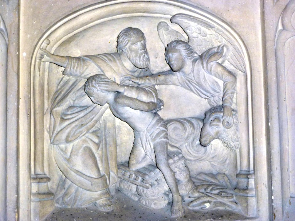 Estrée-Blanche (Pas-de-Calais, Fr) église, autel, relief sacrifice Abraham Isaac