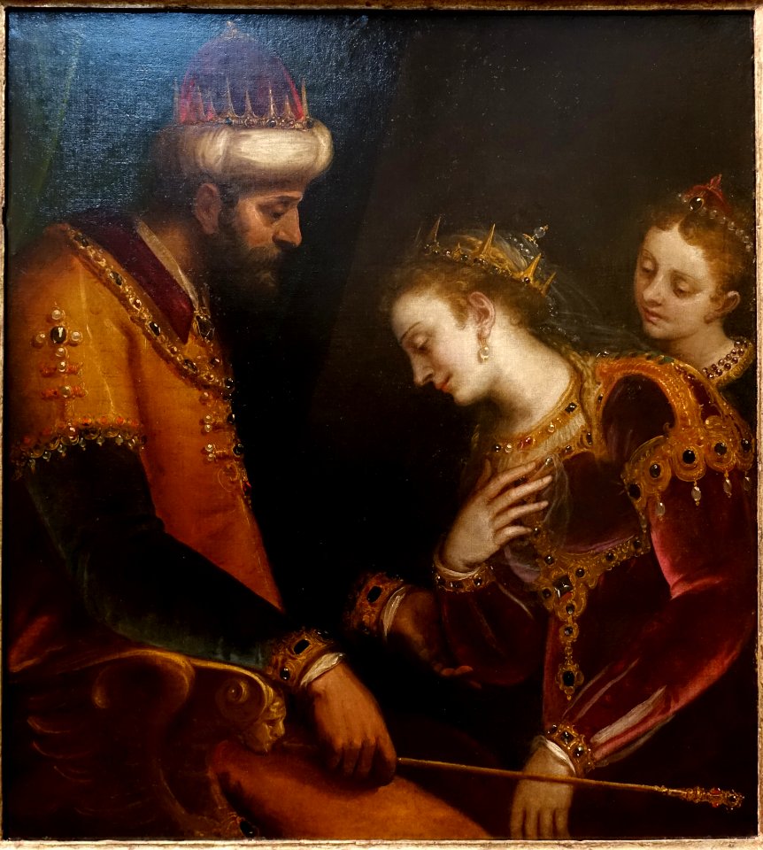Esther and Ahasuerus, by Luca Cambiaso, Genoa, c. 1565-1570, oil on canvas - Blanton Museum of Art - Austin, Texas - DSC07754