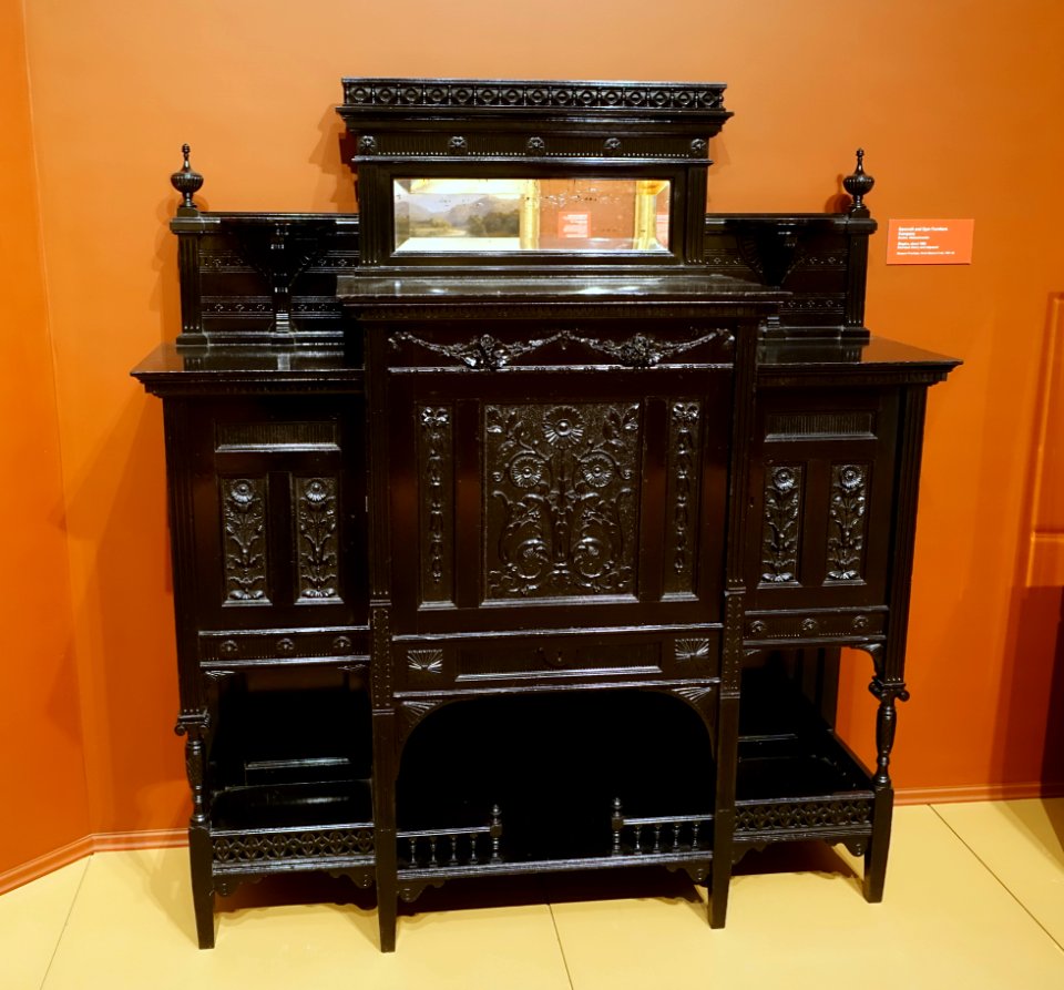Etagere, Bancroft and Dyer Furniture Company, Boston, c. 1885, ebonized cherry and tulipwood - Currier Museum of Art - Manchester, NH - DSC08037