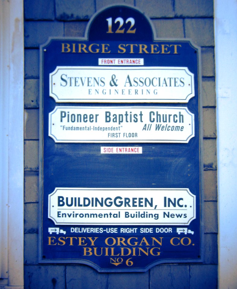 Estey Organ Co. Building No. 6 sign, Brattleboro, 2000-11, adjusted