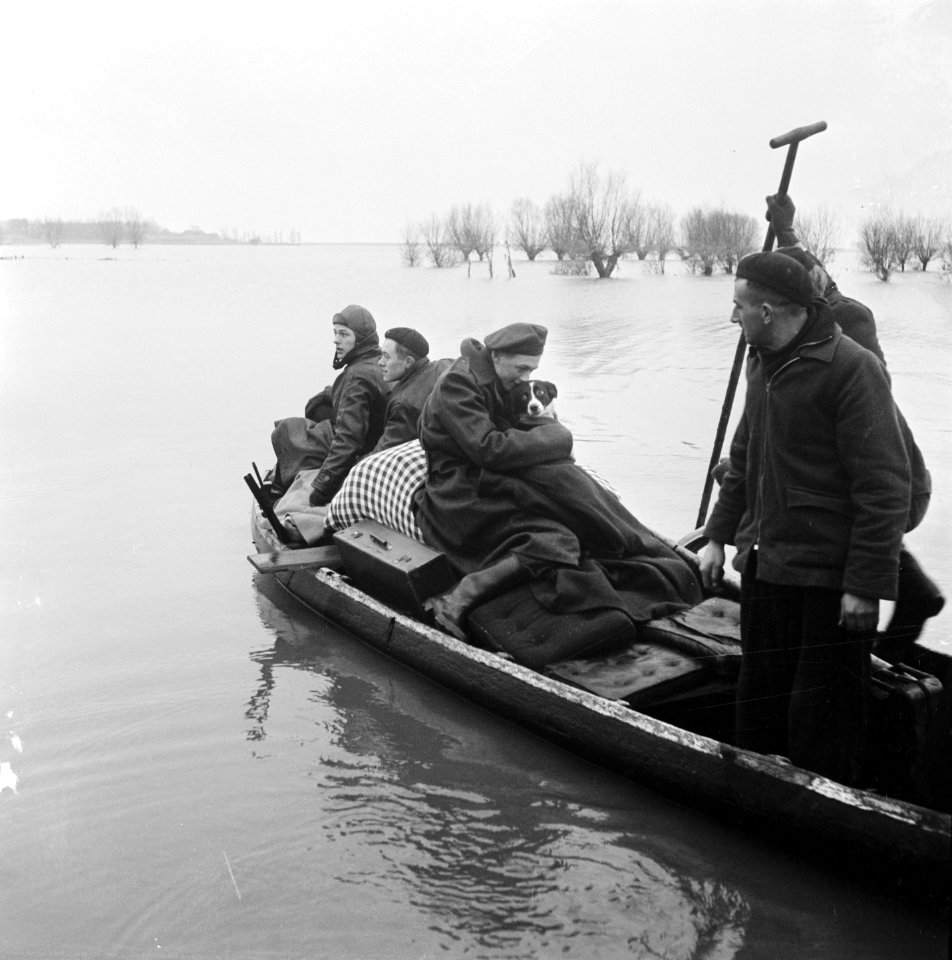 Evacuees worden per roeiboot uit Tholen in Halsteren binnengebracht, Bestanddeelnr 905-5211
