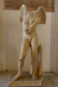 Eros bending his bow, loan from the Museo Nazionale Romano, Roman, marble, after the original bronze by Lysippos, 338-335 BC - Musei Capitolini - Rome, Italy - DSC05998