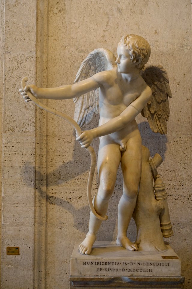 Eros bending his bow, S 410, Roman, marble, after the original bronze by Lysippos, 338-335 BC, view 1 - Musei Capitolini - Rome, Italy - DSC05993