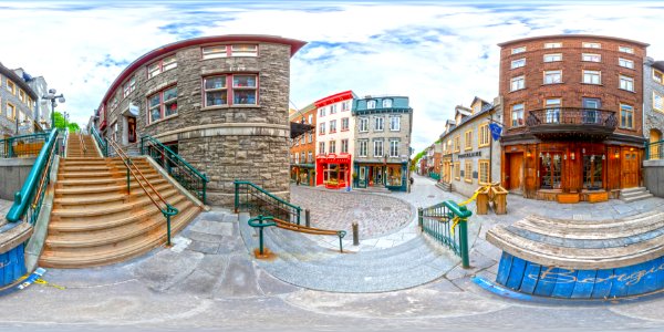 Escalier Casse-Cou jour. Petit champlain, Quebec Ville, Canada. Projection panoramique à 360 degrés