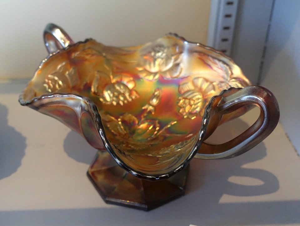 Footed dish, Millersburg Glass, Imperial Glass, Fenton Art Glass, or Northwood Glass companies, Ohio or West Virginia, 1905-1920, glass - Bennington Museum - Bennington, VT - DSC08904