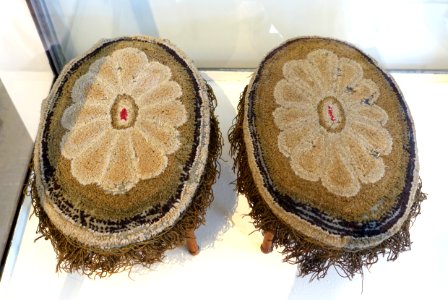 Footstools ('crickets'), maker unknown, Bennington VT, 1815-1830, maple and pine with original sheared wool covers - Bennington Museum - Bennington, VT - DSC08873