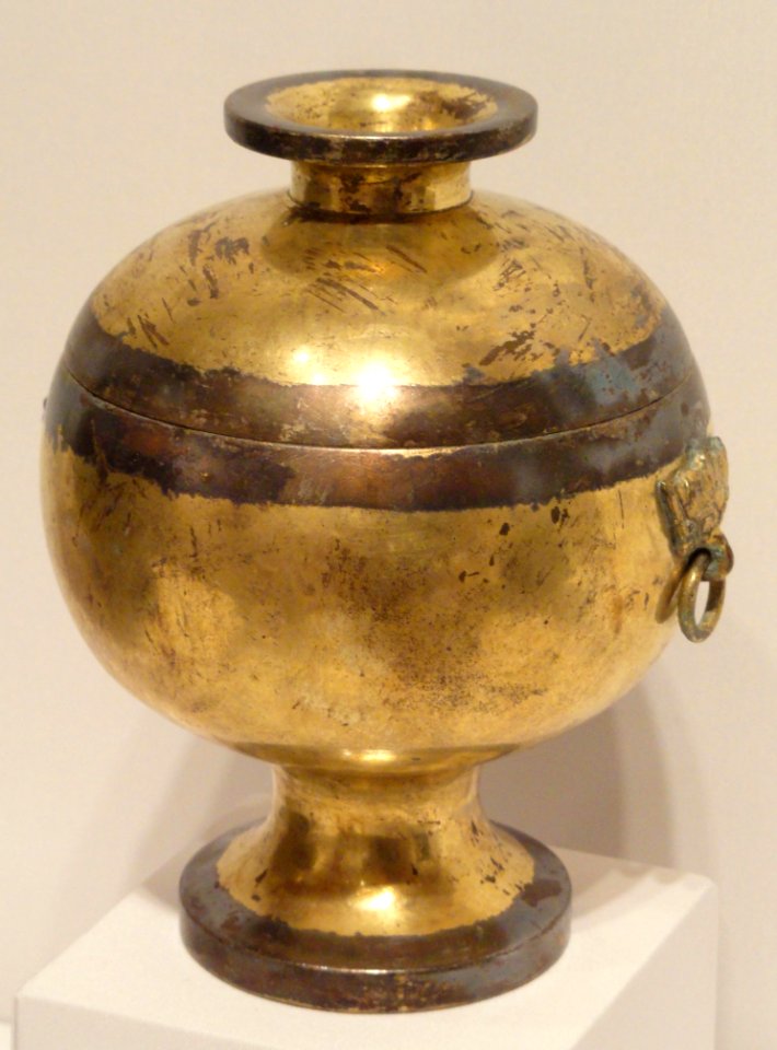 Food Container on High Foot (Dou) with Pushou Mask Ring Handles, probably 2nd-1st century BC, Western Han period, China, gilt and silvered bronze - Sackler Museum - DSC02608
