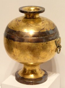 Food Container on High Foot (Dou) with Pushou Mask Ring Handles, probably 2nd-1st century BC, Western Han period, China, gilt and silvered bronze - Sackler Museum - DSC02608