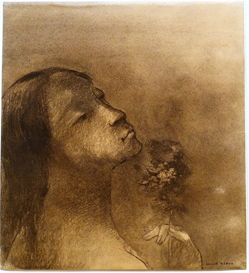 Flower of Evil (Woman Smelling a Flower, Woman Inhaling the Fragrance of Flowers) by Odilon Redon, c. 1890, charcoal - Scharf-Gerstenberg Collection - DSC03871