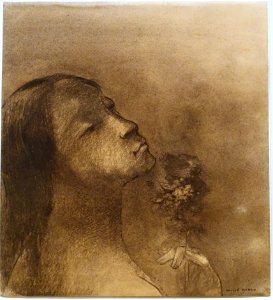 Flower of Evil (Woman Smelling a Flower, Woman Inhaling the Fragrance of Flowers) by Odilon Redon, c. 1890, charcoal - Scharf-Gerstenberg Collection - DSC03871 photo
